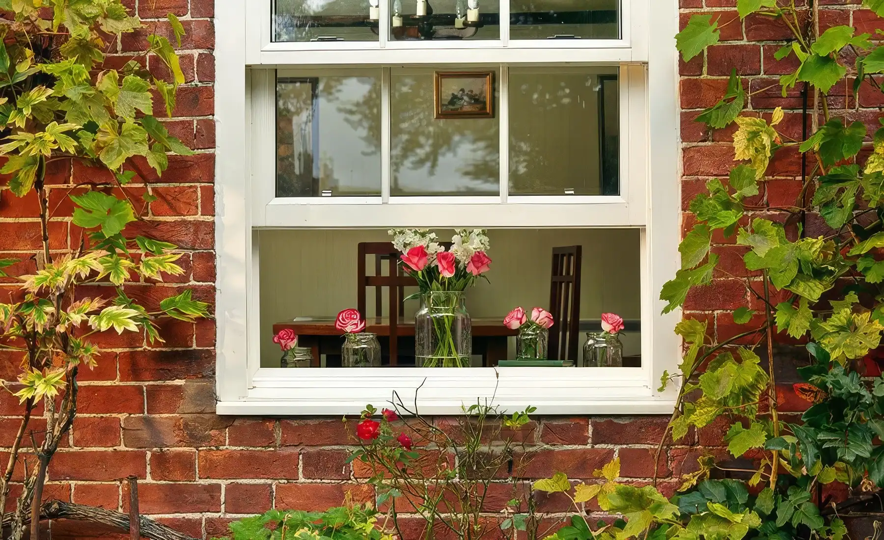Close-up detail of timber sliding sash window showing premium oak grain and traditional joinery