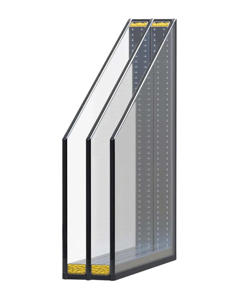 Triple glazed window cross-section showing three glass panes with insulating gas layers for superior thermal efficiency