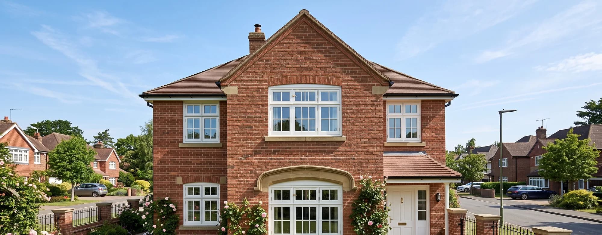 White timber casement windows on a red brick detached home, showing double glazed casement timber windows with traditional glazing bars