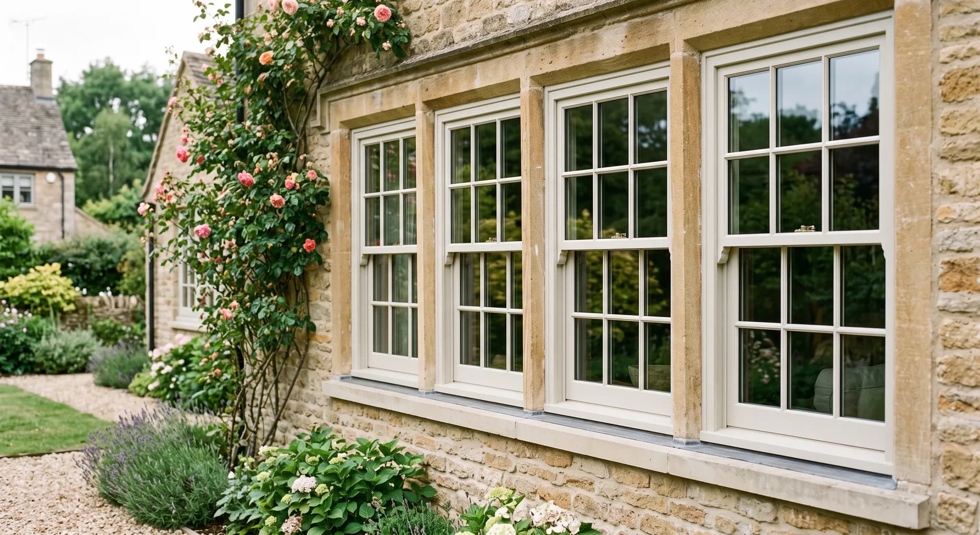 Traditional timber sash windows with Georgian glazing bars in a Cotswold stone cottage, fitted with slim-profile double glazing